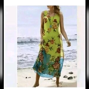 Soft Surroundings Tropez Tropical Green Blue Floral Maxi Dress Size Large
